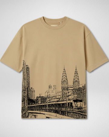 Beige Cityscape Print Drop Shoulder T-Shirt (Code 4898)