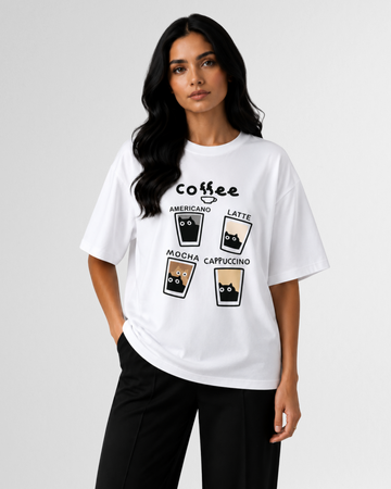 White Women's 4 Coffee Graphic Drop Shoulder T-Shirt (Code 4949)