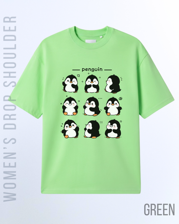 Light Green Women 8 Penguin Graphic Drop Shoulder T-Shirt (Code 4937)