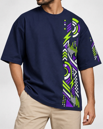 Men's Navy Blue Printed Drop Shoulder T-Shirt (Code 5890)