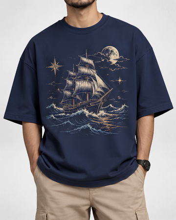 Men's Navy Blue Printed Drop Shoulder T-Shirt (Code 5893)