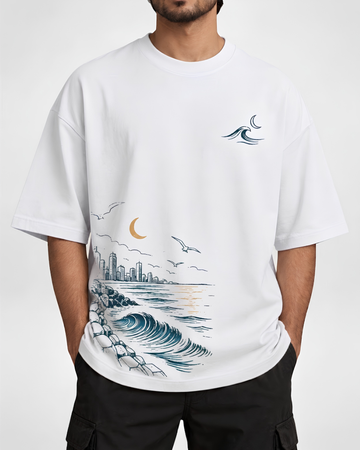 Men's Beige & White Printed Drop Shoulder T-Shirt (Code 5894)
