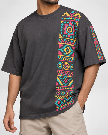 Men's Charcoal Grey Printed Drop Shoulder T-Shirt (Code 5895)