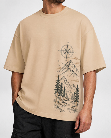 Men's Beige Printed Drop Shoulder T-Shirt (Code 5896)