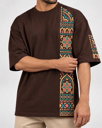 Men's Brown Printed Drop Shoulder T-Shirt (Code 5897)