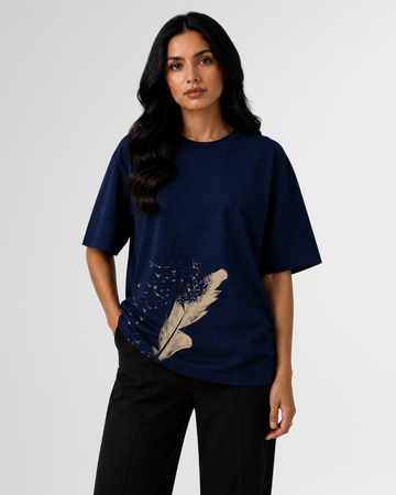 Navy Blue Women Feather and Birds Graphic Drop Shoulder T-Shirt (Code 4927)
