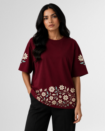 Maroon Women's Elegant Bloom Border Graphic Drop Shoulder T-Shirt (Code 5052)