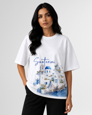 White Women Santorini palace Graphic Drop Shoulder T-Shirt (Code 4924)
