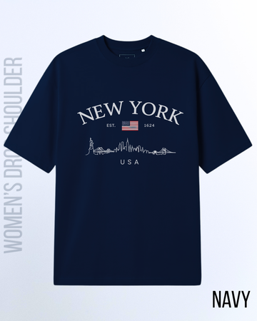 Navy Blue Women Newyork 1624 Graphic Drop Shoulder T-Shirt (Code 4926)