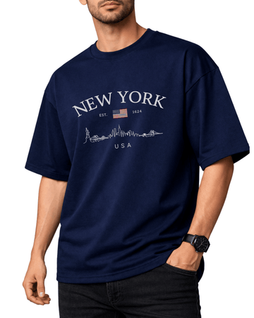 Navy Blue Printed Drop Shoulder T-Shirt (Code 4893)