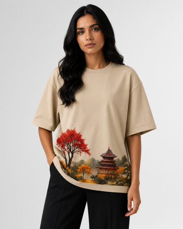 Beige Golden Serenity Drop Shoulder T-Shirt (Code 5088)