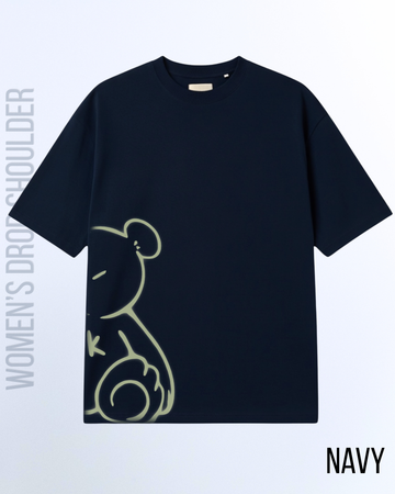 Navy Blue Women's Neon Bear Outline Graphic Drop Shoulder T-Shirt (Code 4943)