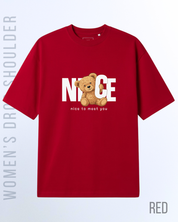 Red Women Nice Meet teddy Graphic Drop Shoulder T-Shirt (Code 4929)