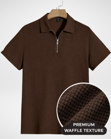 Men’s Dark Brown Waffle Zip Polo T-Shirt (Code 4911)