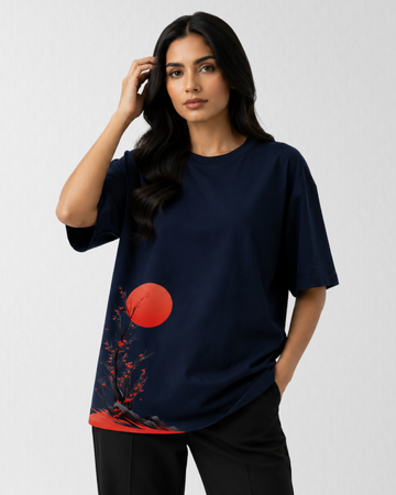 Navy Blue Women's Midnight Sun Graphic Drop Shoulder T-Shirt (Code 5028)