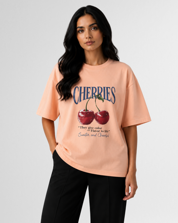 Peach Women 2 Red Cherries Graphic Drop Shoulder T-Shirt (Code 4932)