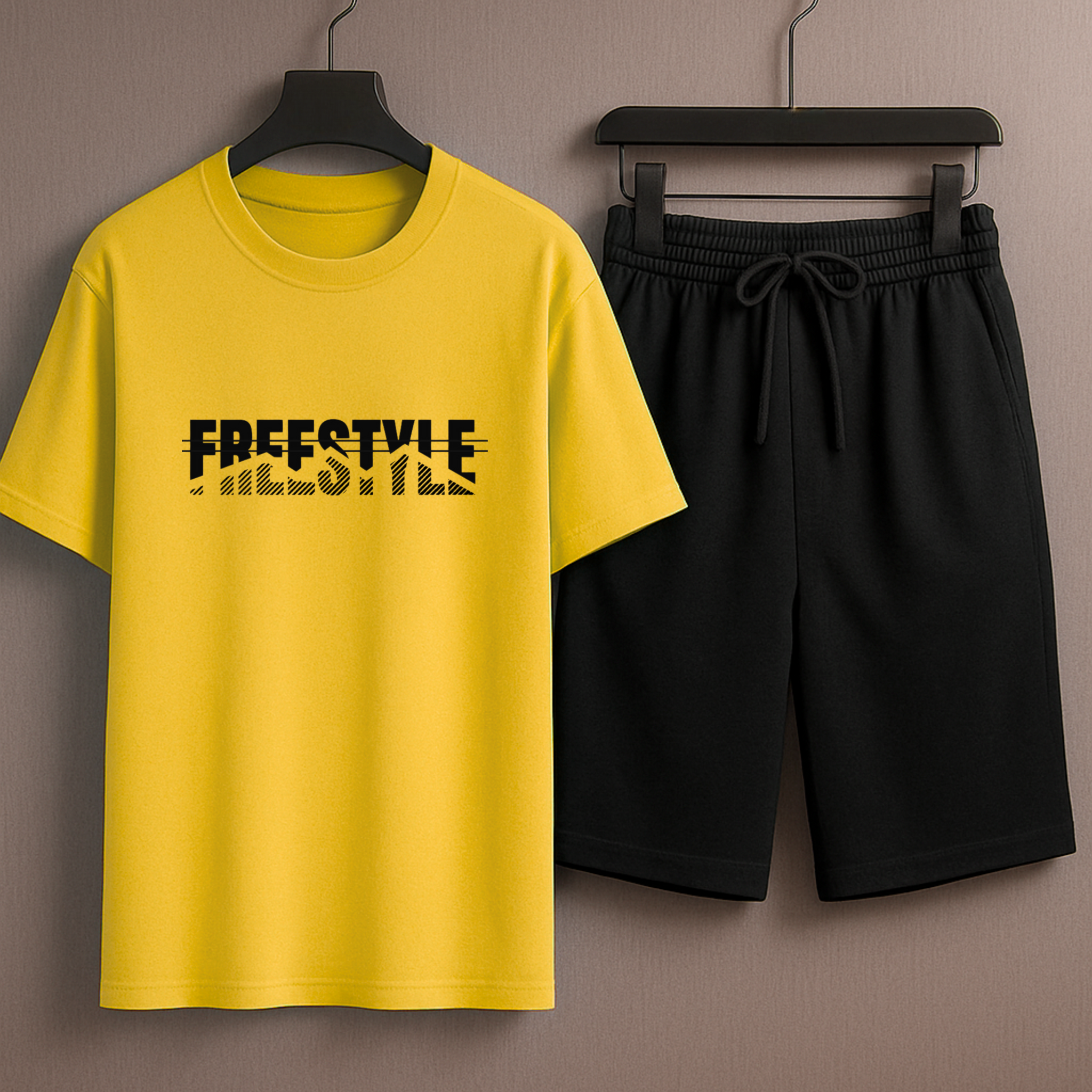 Yellow T-Shirt Printed with Black Shorts– Comfortable Wear (3407)