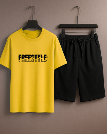 Yellow T-Shirt Printed with Black Shorts– Comfortable Wear (3407)