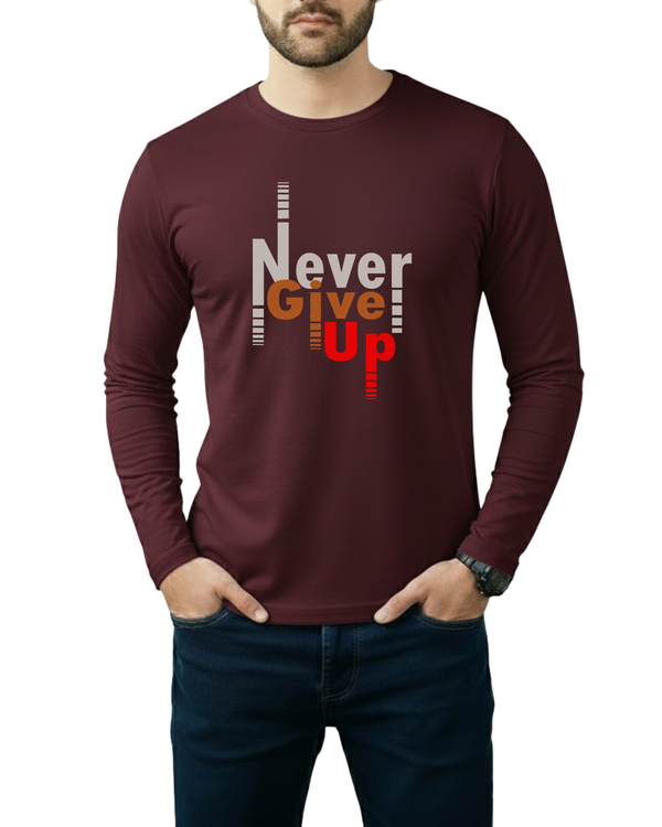 Maroon Printed Men’s Full Sleeves Tee – Jersey Fabric, Classic Fit, Everyday Comfort (Code 3557)
