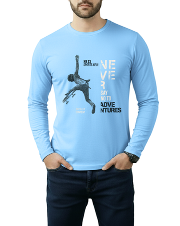 Sky Blue Printed Men’s Full Sleeves Tee – Jersey Fabric, Classic Fit, Everyday Comfort (Code 3555)