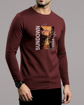 Maroon Printed Men’s Full Sleeves Tee – Jersey Fabric, Classic Fit, Everyday Comfort (Code 4530)