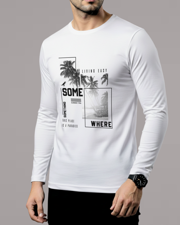 White Printed Men’s Full Sleeves Tee – Jersey Fabric, Classic Fit, Everyday Comfort (Code 4533)