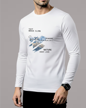White Printed Men’s Full Sleeves Tee – Jersey Fabric, Classic Fit, Everyday Comfort (Code 4535)