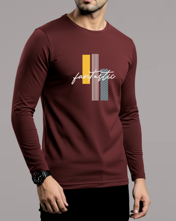 Maroon Printed Men’s Full Sleeves Tee – Jersey Fabric, Classic Fit, Everyday Comfort (Code 4536)