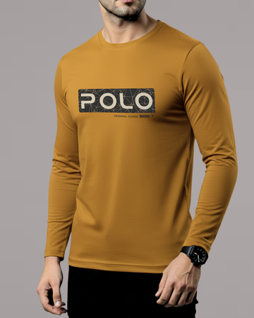 Mustard Printed Men’s Full Sleeves Tee – Jersey Fabric, Classic Fit, Everyday Comfort (Code 4539)