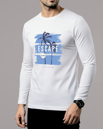 White Printed Men’s Full Sleeves Tee – Jersey Fabric, Classic Fit, Everyday Comfort (Code 4540)