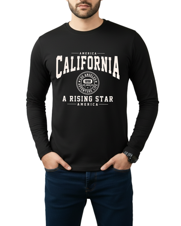 Black Printed Men’s Full Sleeves Tee – Jersey Fabric, Classic Fit, Everyday Comfort (Code 3565)