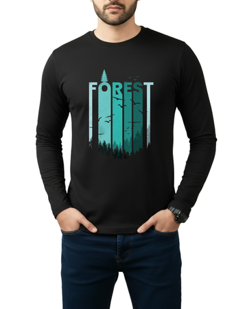 Black Printed Men’s Full Sleeves Tee – Jersey Fabric, Classic Fit, Everyday Comfort (Code 3564)