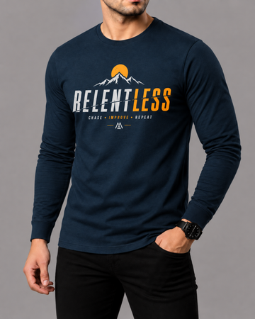 Navy Blue Printed Men’s Full Sleeves Tee – Jersey Fabric, Classic Fit, Everyday Comfort (Code 5845)