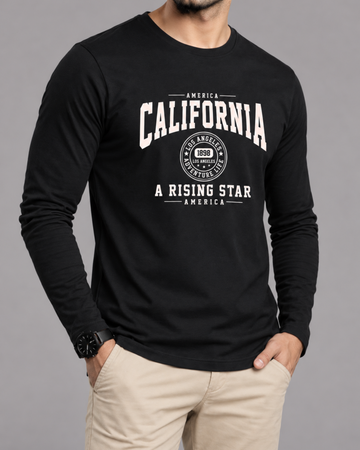 Black Printed Men’s Full Sleeves Tee – Jersey Fabric, Classic Fit, Everyday Comfort (Code 3565)