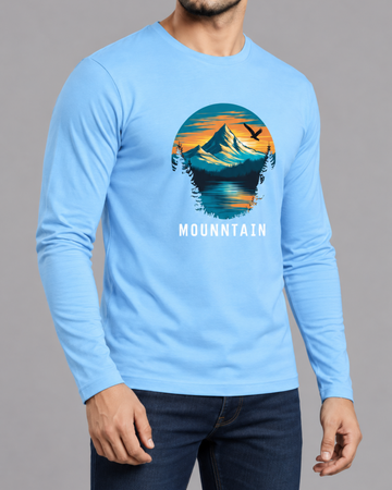 Sky Blue Printed Men’s Full Sleeves Tee – Jersey Fabric, Classic Fit, Everyday Comfort (Code 3562)