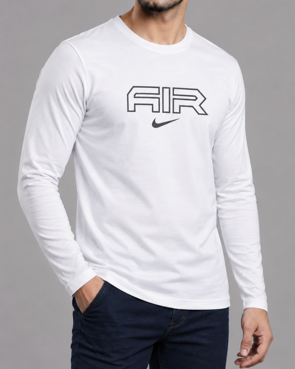 White Printed Men’s Full Sleeves Tee – Jersey Fabric, Classic Fit, Everyday Comfort (Code 3559)