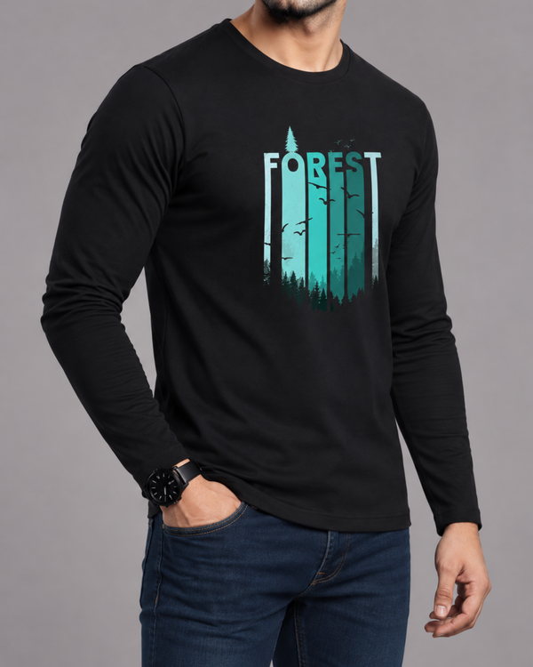 Black Printed Men’s Full Sleeves Tee – Jersey Fabric, Classic Fit, Everyday Comfort (Code 3564)