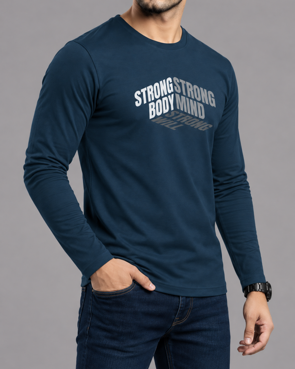 Petroleum Printed Men’s Full Sleeves Tee – Jersey Fabric, Classic Fit, Everyday Comfort (Code 3554)