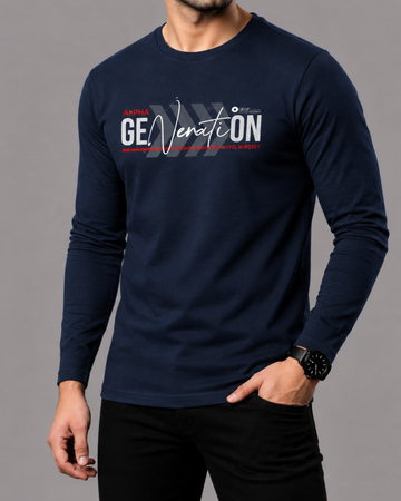 Navy Blue Printed Men’s Full Sleeves Tee – Jersey Fabric, Classic Fit, Everyday Comfort (Code 5855)