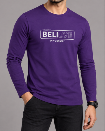Purple Printed Men’s Full Sleeves Tee – Jersey Fabric, Classic Fit, Everyday Comfort (Code 5856)