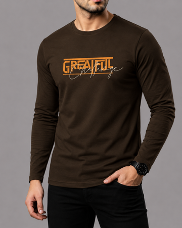 Brown Printed Men’s Full Sleeves Tee – Jersey Fabric, Classic Fit, Everyday Comfort (Code 5847)