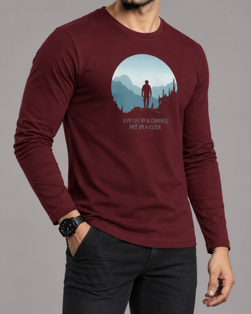 Maroon Printed Men’s Full Sleeves Tee – Jersey Fabric, Classic Fit, Everyday Comfort (Code 5860)