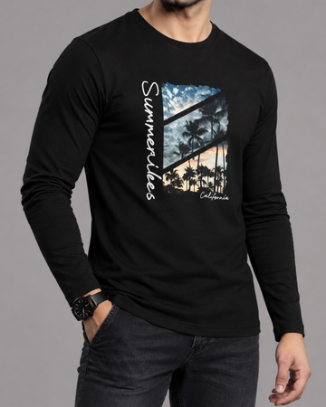 Black Printed Men’s Full Sleeves Tee – Jersey Fabric, Classic Fit, Everyday Comfort (Code 5862)