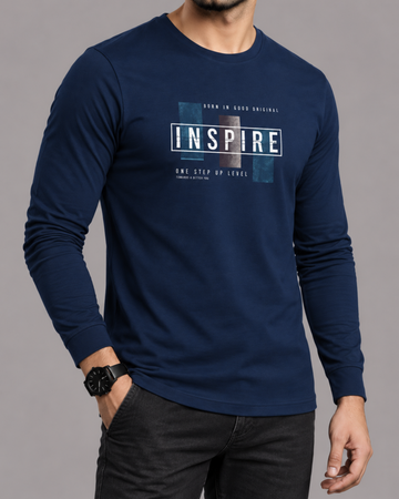 Navy Blue Printed Men’s Full Sleeves Tee – Jersey Fabric, Classic Fit, Everyday Comfort (Code 5863)
