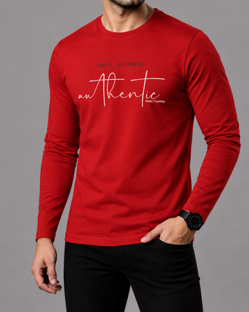 Red Printed Men’s Full Sleeves Tee – Jersey Fabric, Classic Fit, Everyday Comfort (Code 5851)