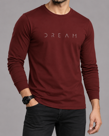 Maroon Printed Men’s Full Sleeves Tee – Jersey Fabric, Classic Fit, Everyday Comfort (Code 5852)