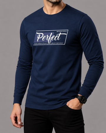 Navy Blue Printed Men’s Full Sleeves Tee – Jersey Fabric, Classic Fit, Everyday Comfort (Code 5853)