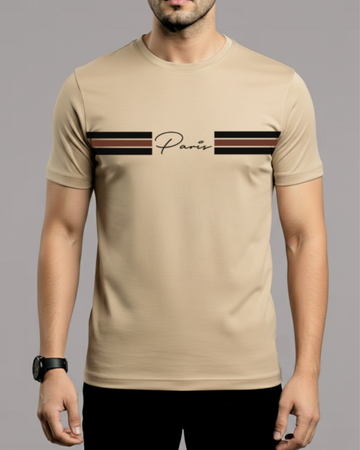 Beige Paris Strip T-Shirt/Tee for Men – Cotton Jersey Fabric (Code 4668)