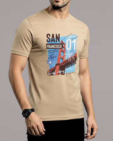 Premium Beige Printed T-Shirt/Tee for Men – Cotton Jersey Fabric (Code 4515)