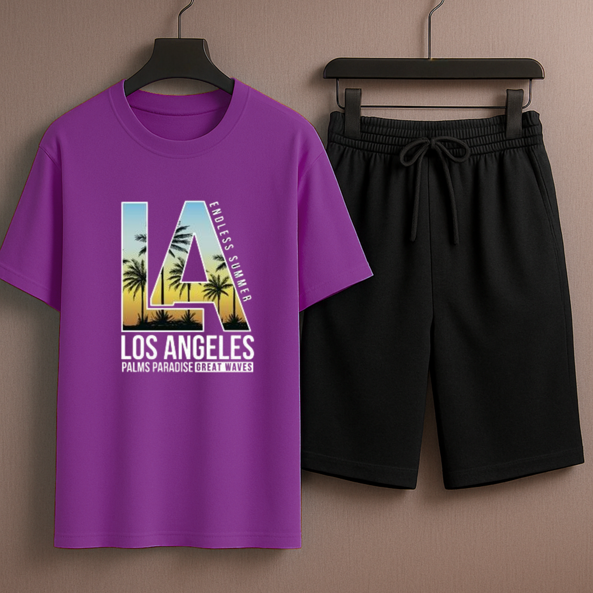 Purple T-Shirt Printed with Black Shorts– Comfortable Wear (3408)